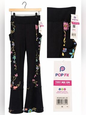 POP Fit Floral Panel Flare Leggings Size M High Waisted Yoga Pants NWT